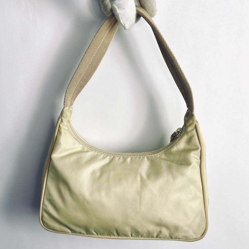 Prada Pale Yellow Tessuto Monogram Logo Nylon Hobo Baguette Shoulder Bag