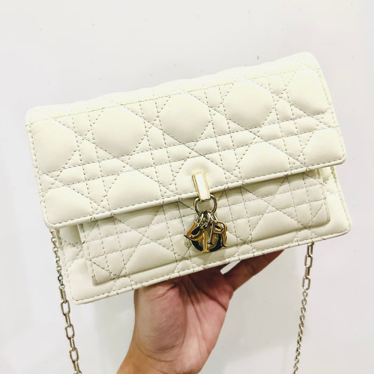 Christian Dior CD Lady My Dior Daily Chain Pouch Latte White GHW Monogram Logo Cannage Quilted Lambskin Shoulder Sling Flap Bag