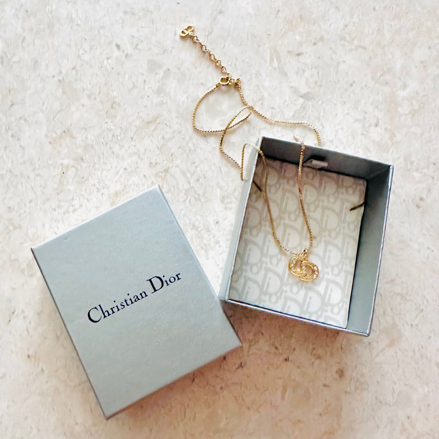 Christian Dior CD Gold Monogram Logo & Crystals Classic Vintage Pendant Necklace