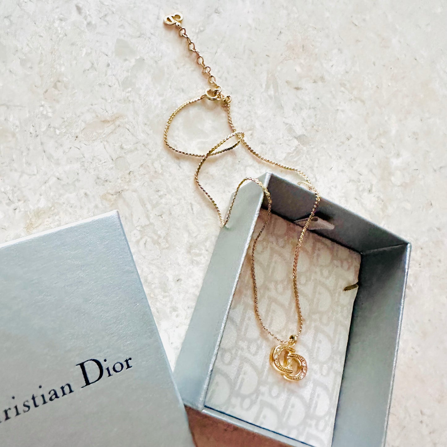 Christian Dior CD Gold Monogram Logo & Crystals Classic Vintage Pendant Necklace