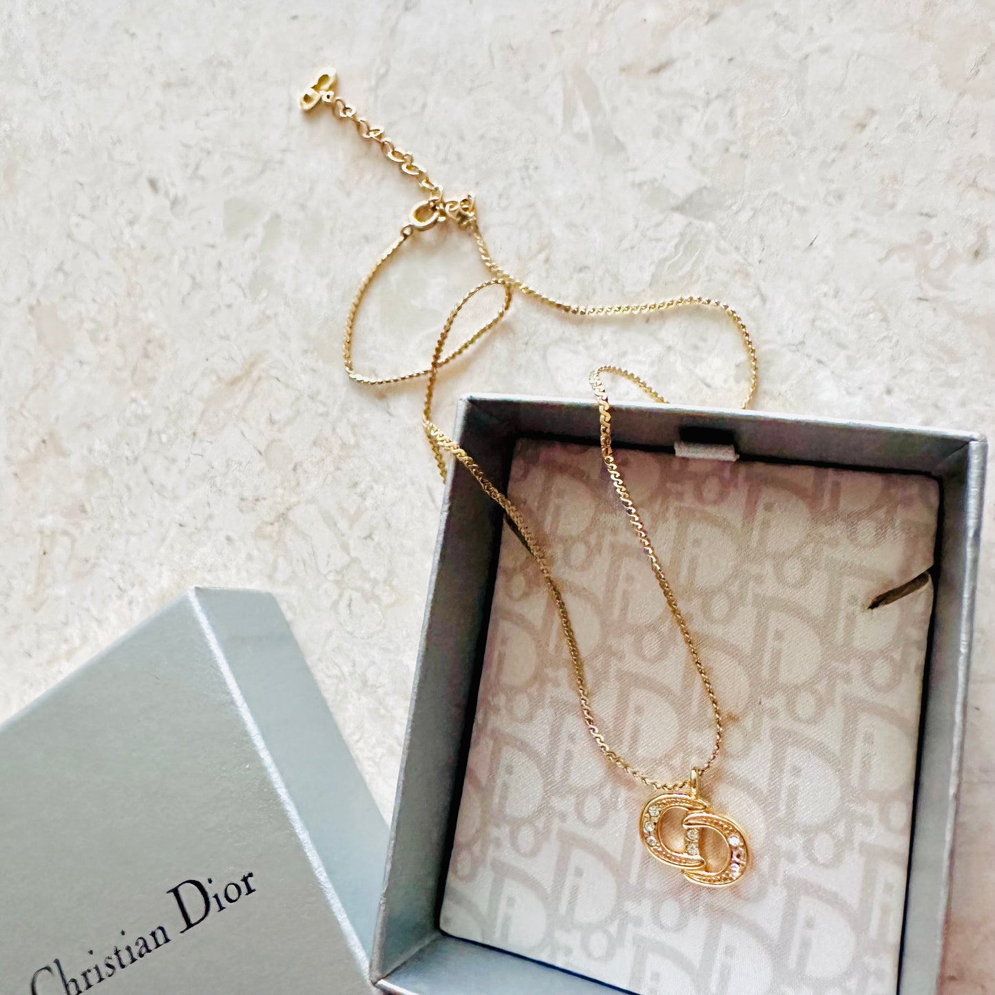 Christian Dior CD Gold Monogram Logo & Crystals Classic Vintage Pendant Necklace