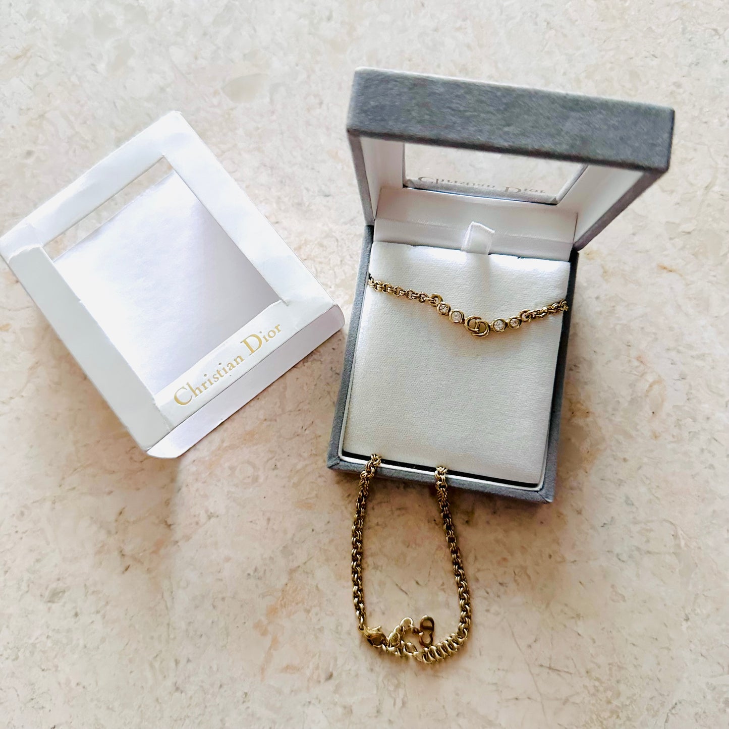 Christian Dior CD Monogram Logo Signature Gold & Crystals Necklace