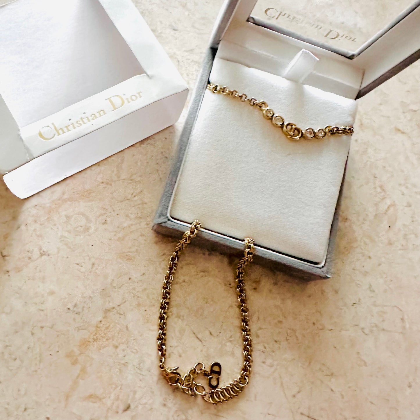 Christian Dior CD Monogram Logo Signature Gold & Crystals Necklace