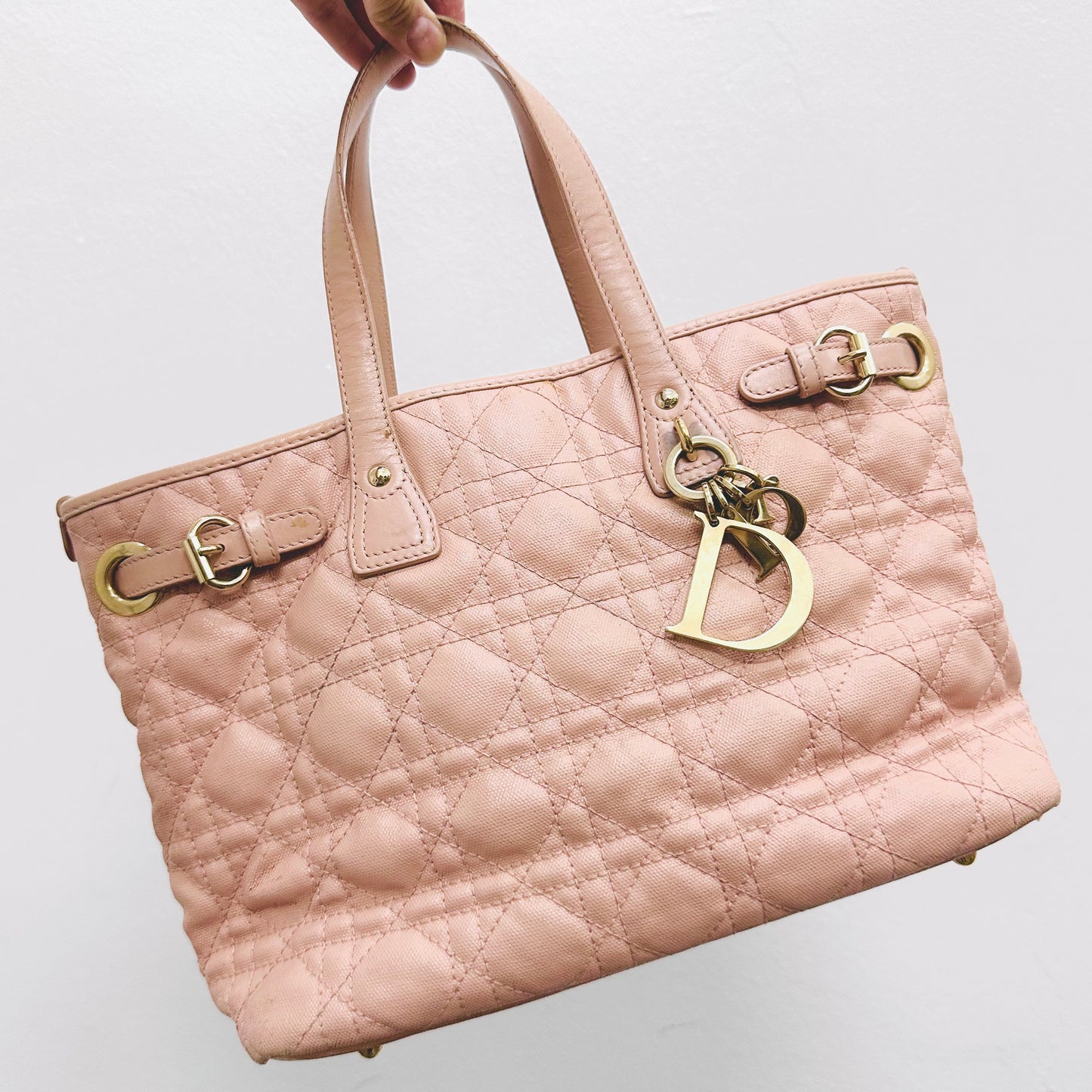 Christian Dior CD Lady Dior Blush Powder Pink GHW Cannage Quilted Small Shopper Shoulder Tote Bag