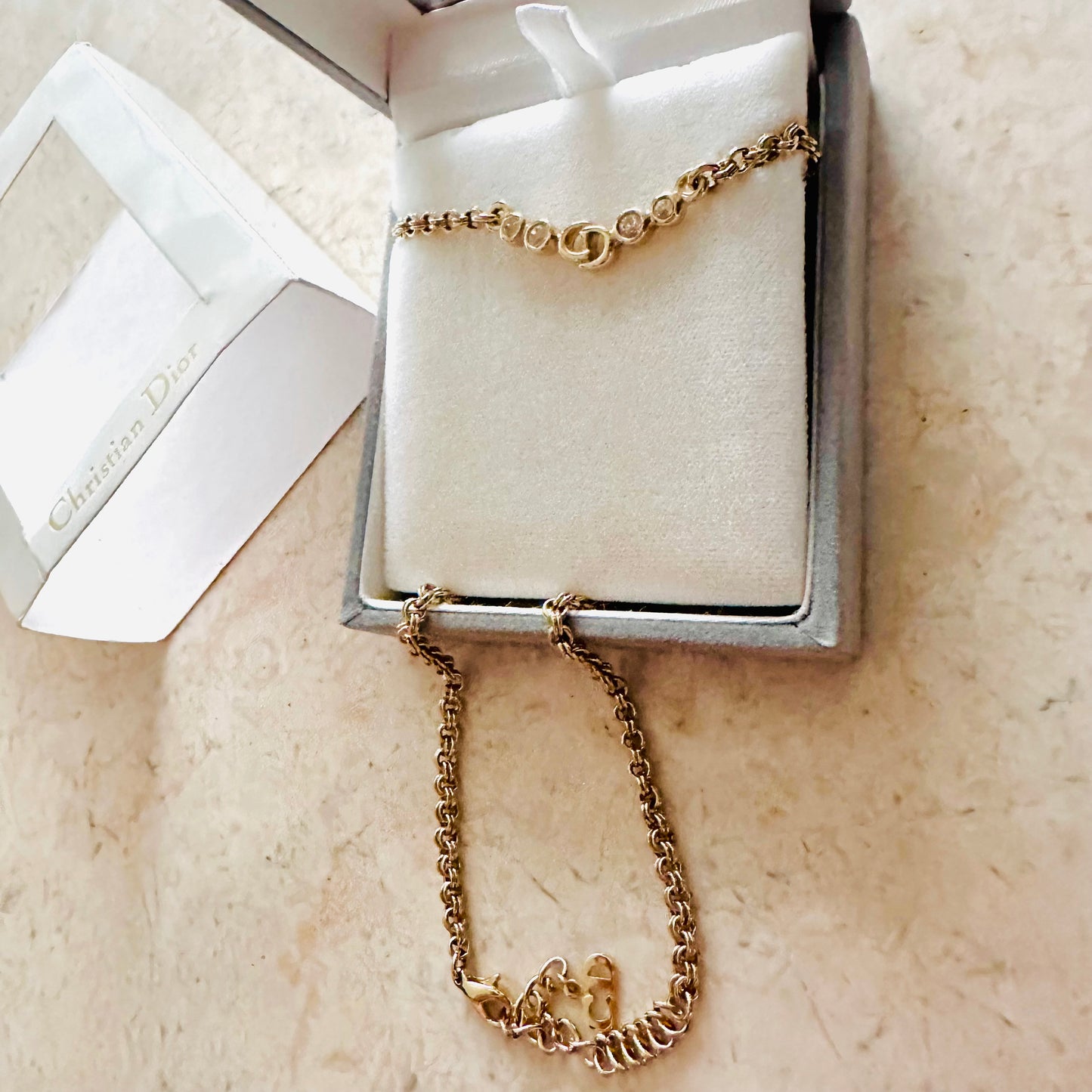 Christian Dior CD Monogram Logo Signature Gold & Crystals Necklace