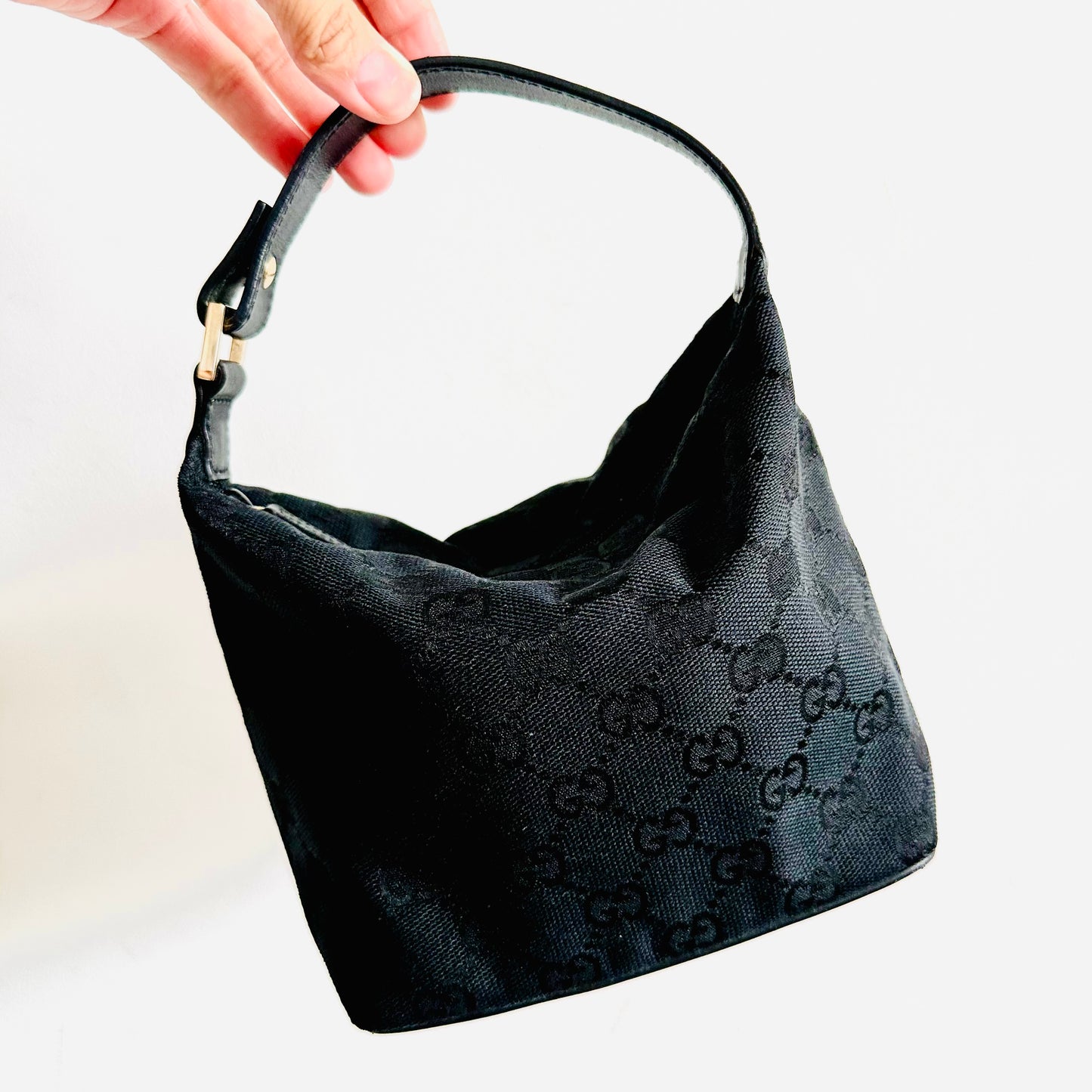 Gucci Black GHW GG Monogram Logo Mini Hobo Baguette Shoulder Sling Bag