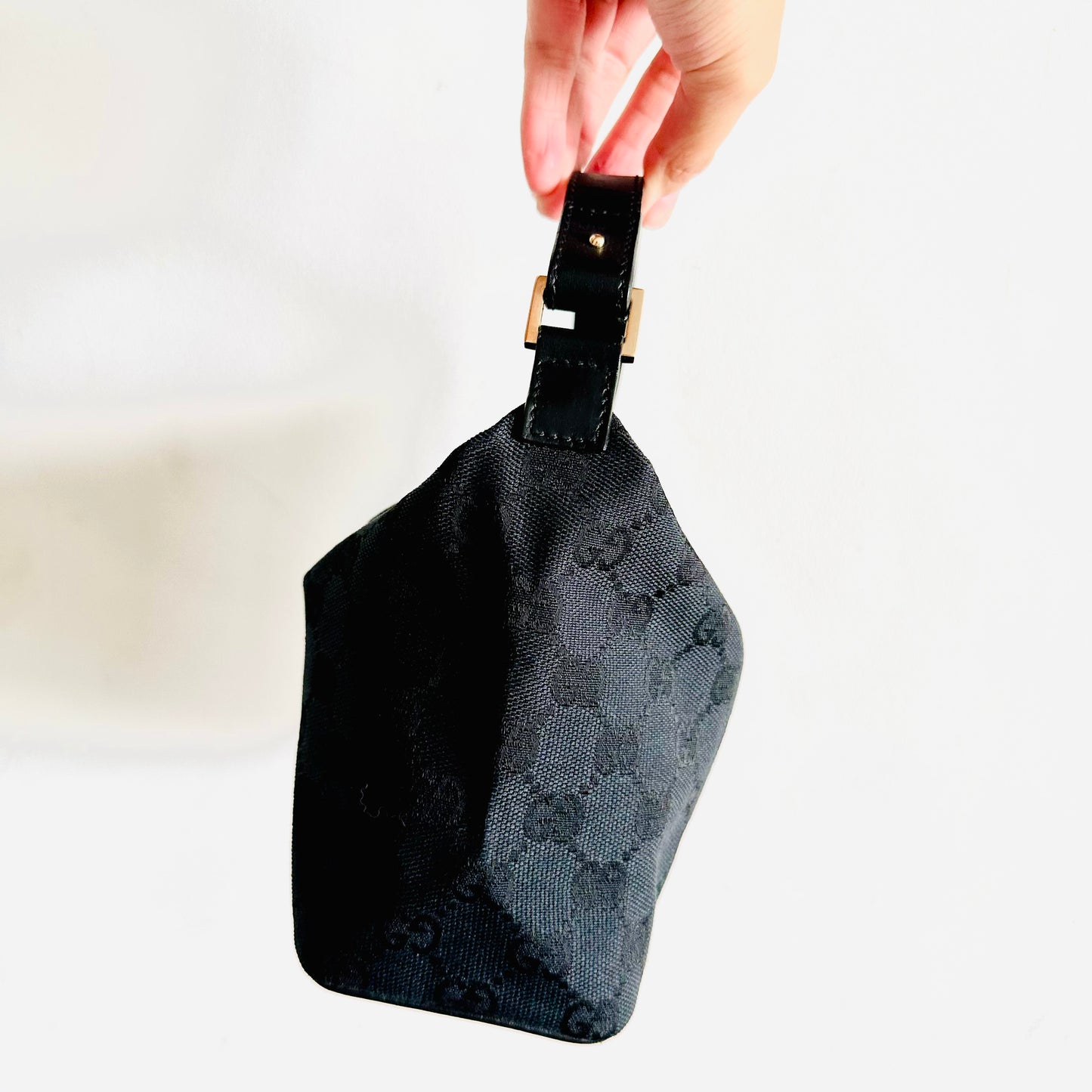 Gucci Black GHW GG Monogram Logo Mini Hobo Baguette Shoulder Sling Bag