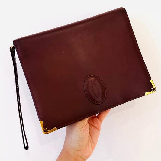 Cartier Must / Mast de Cartier Burgundy Red Maroon GHW Smooth Leather Flap Wrislet Pouch Clutch Case