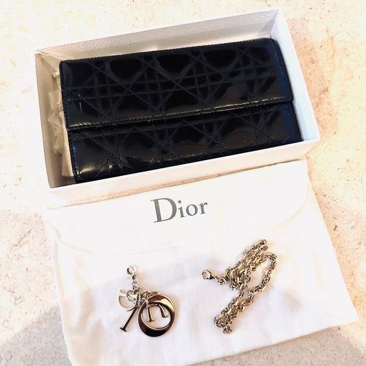 Christian Dior Black GHW Lady Dior WOC CD Monogram Logo Quilted Cannage Patent Chain Long Flap Wallet On Chain Shoulder Bag