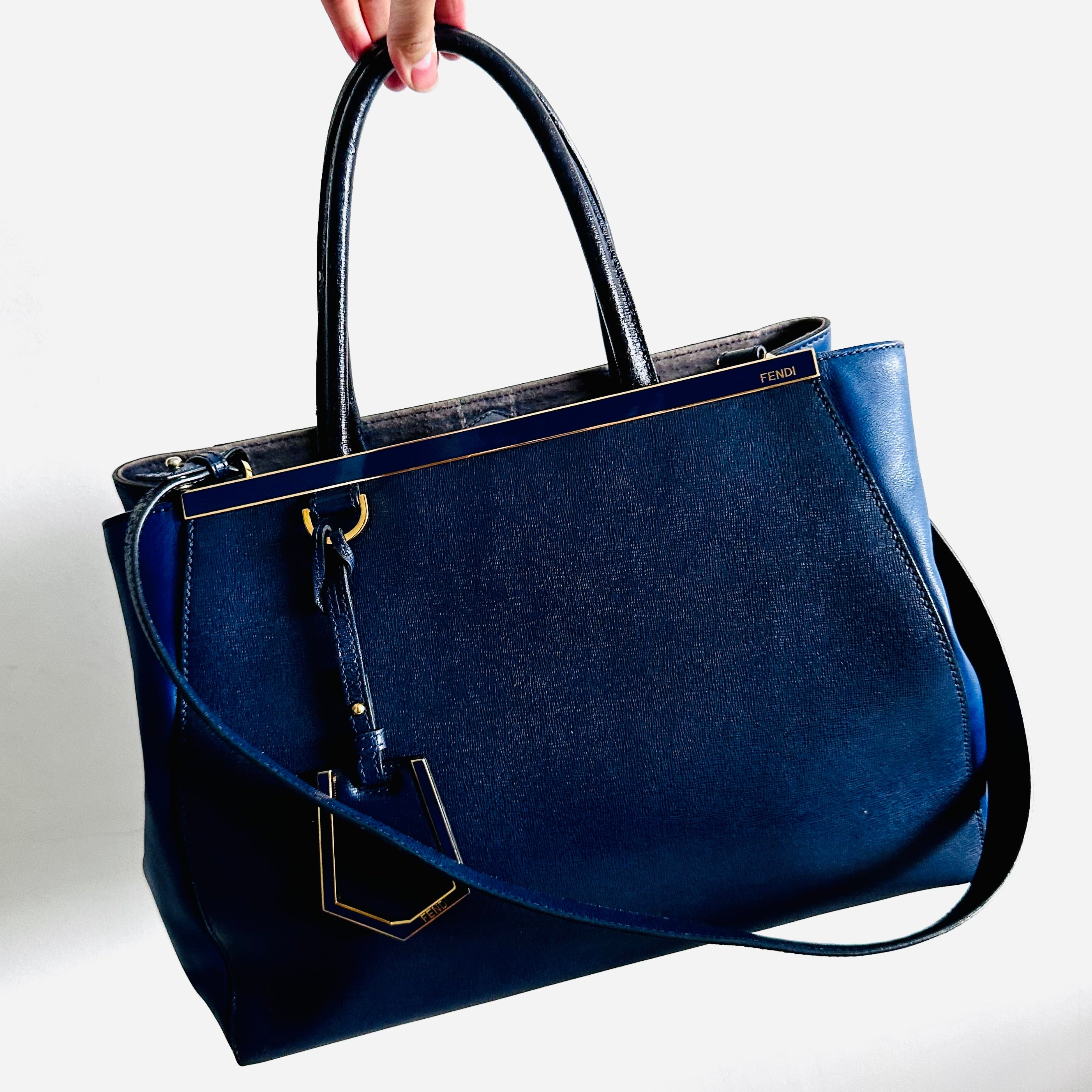 Fendi 2 De Jour 2jours Midnight Navy Blue GHW 2 Way Top Handle Shoulder Sling Tote Bag