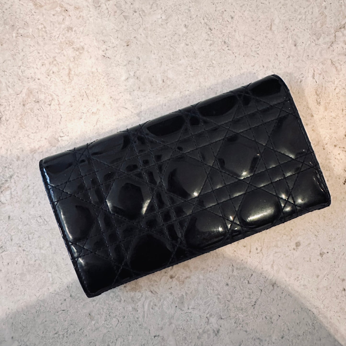 Christian Dior Black GHW Lady Dior WOC CD Monogram Logo Quilted Cannage Patent Chain Long Flap Wallet On Chain Shoulder Bag