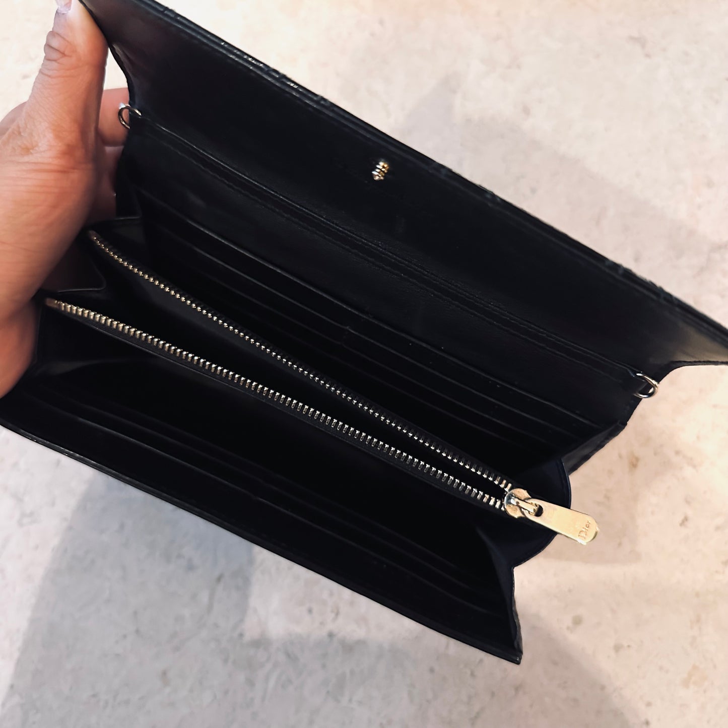 Christian Dior Black GHW Lady Dior WOC CD Monogram Logo Quilted Cannage Patent Chain Long Flap Wallet On Chain Shoulder Bag