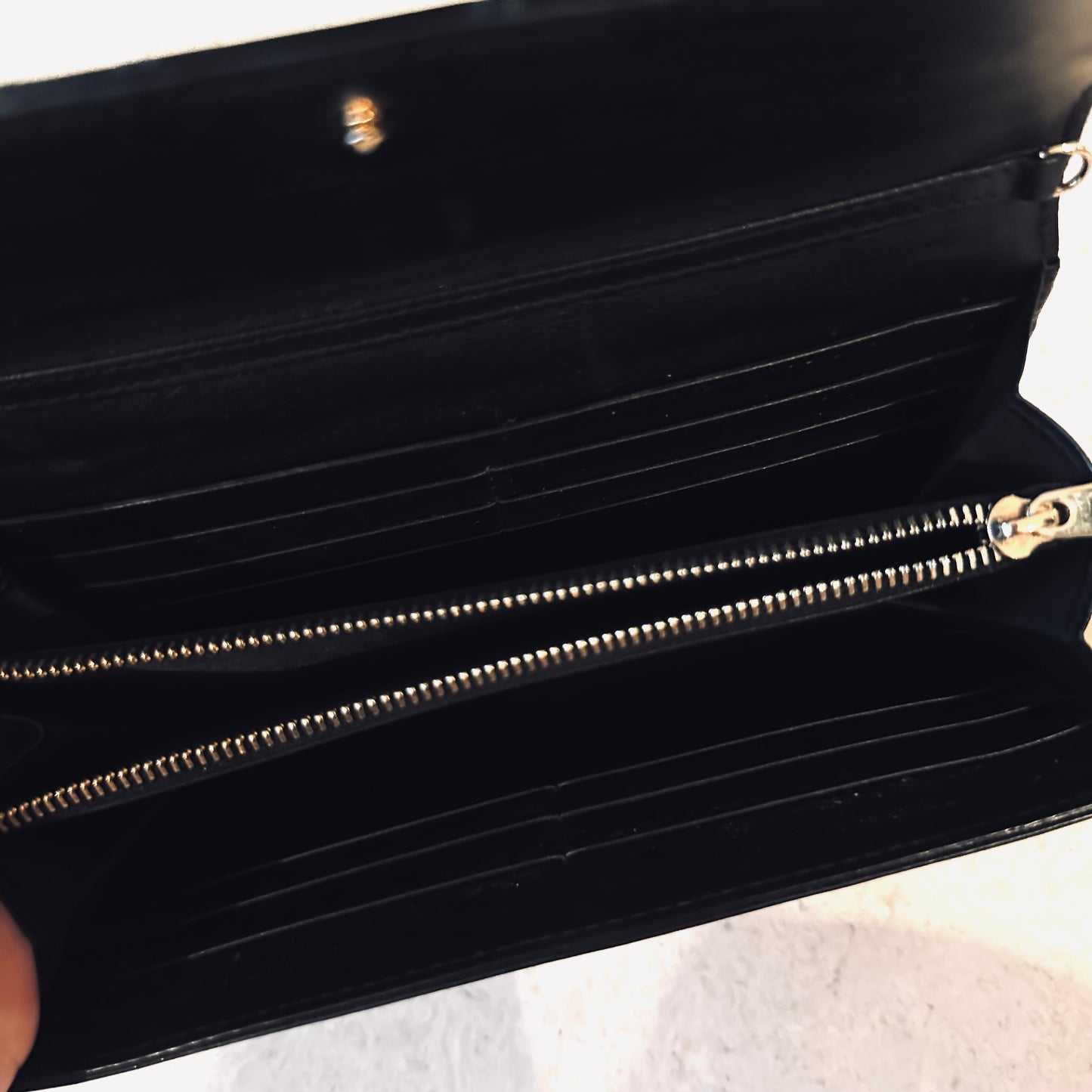 Christian Dior Black GHW Lady Dior WOC CD Monogram Logo Quilted Cannage Patent Chain Long Flap Wallet On Chain Shoulder Bag