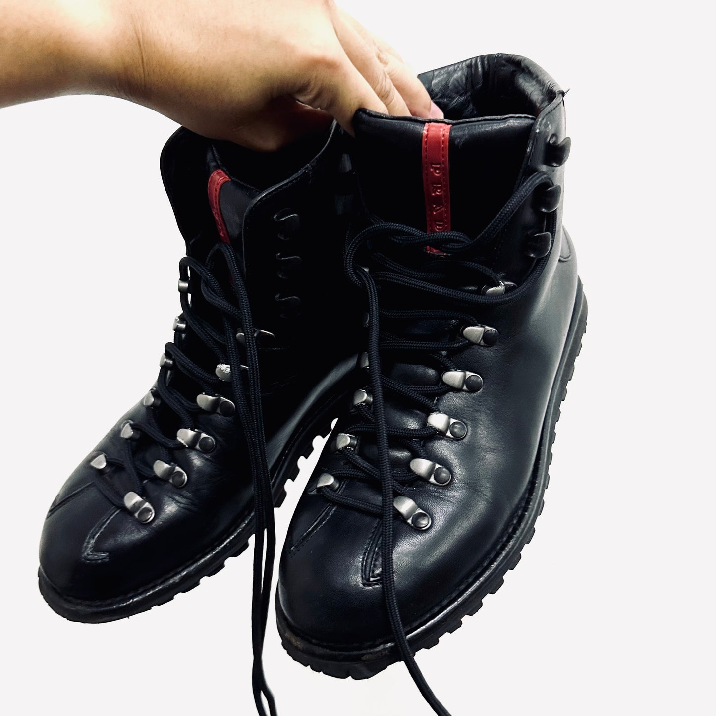 Prada Black Monogram Logo Padded Smooth Leather Calzature Donna Tecno Skiskolae Lace Up Chunky Boots Shoes