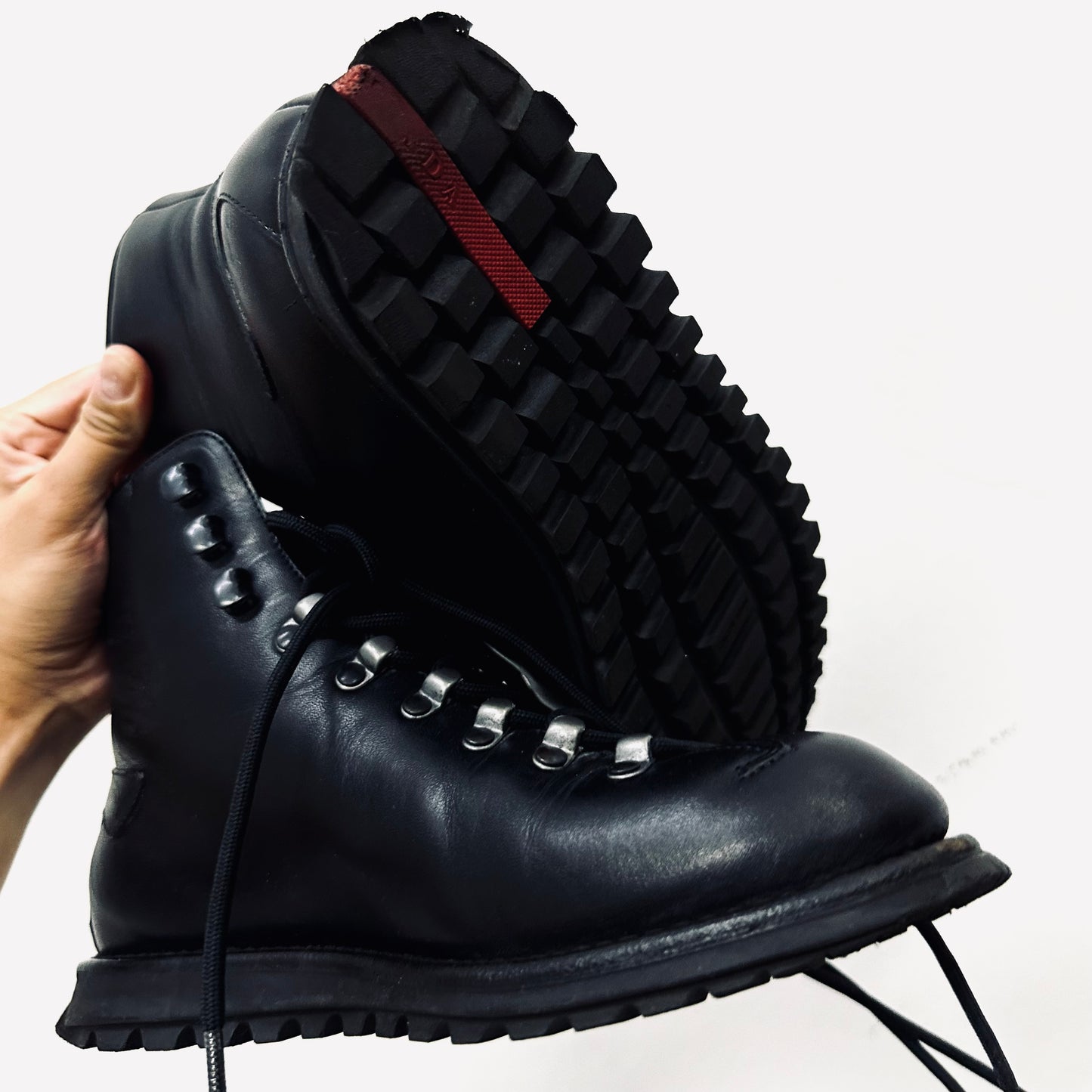 Prada Black Monogram Logo Padded Smooth Leather Calzature Donna Tecno Skiskolae Lace Up Chunky Boots Shoes