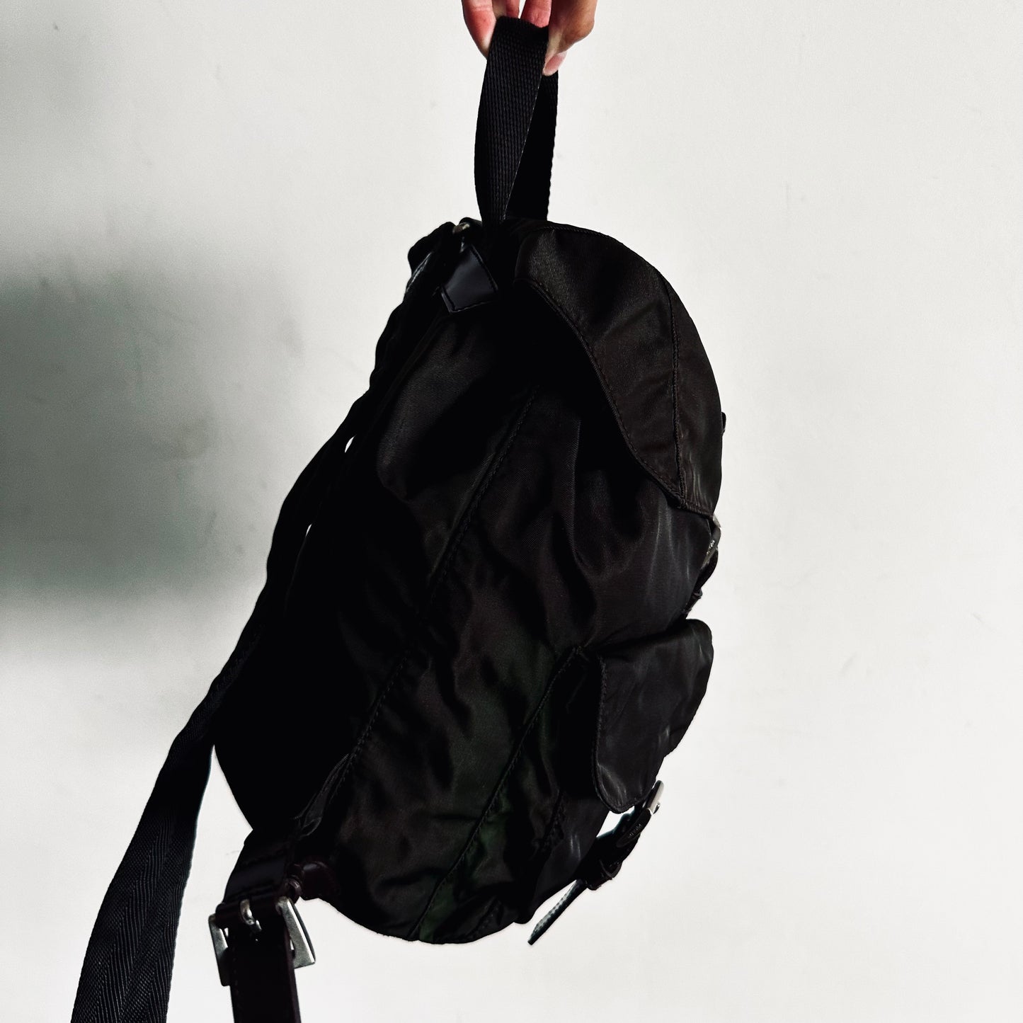 Prada Dark Khaki Tessuto Monogram Logo Small Backpack Bag