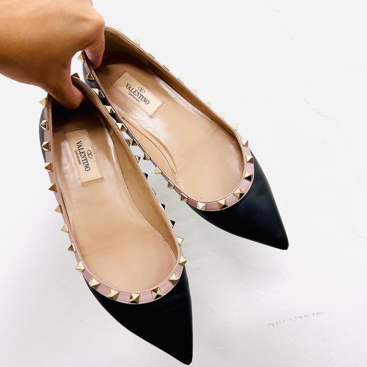 Valentino Garavani Black / Mauve Pink Rockstud Embellished Smooth Leather Pointed Toe Ballet Ballerina Flats Shoes