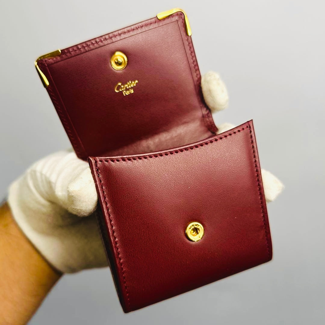 Cartier Must / Mast de Cartier Maroon Burgundy GHW Smooth Leather Flap Coin Purse Compact Wallet