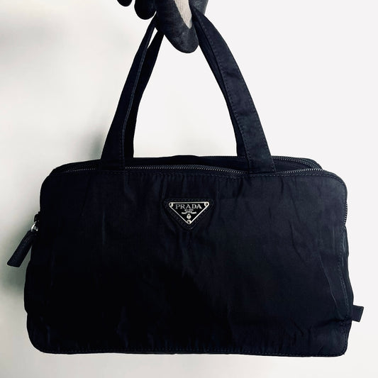 Prada Black Tessuto Classic Logo Boston Bowling Utility Zip Around Briefcase Top Handle Tote Bag
