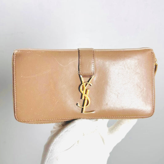 YSL Yves Saint Laurent Warm Taupe GHW Cassandre Smooth Leather Zippy Zip Around Long Wallet