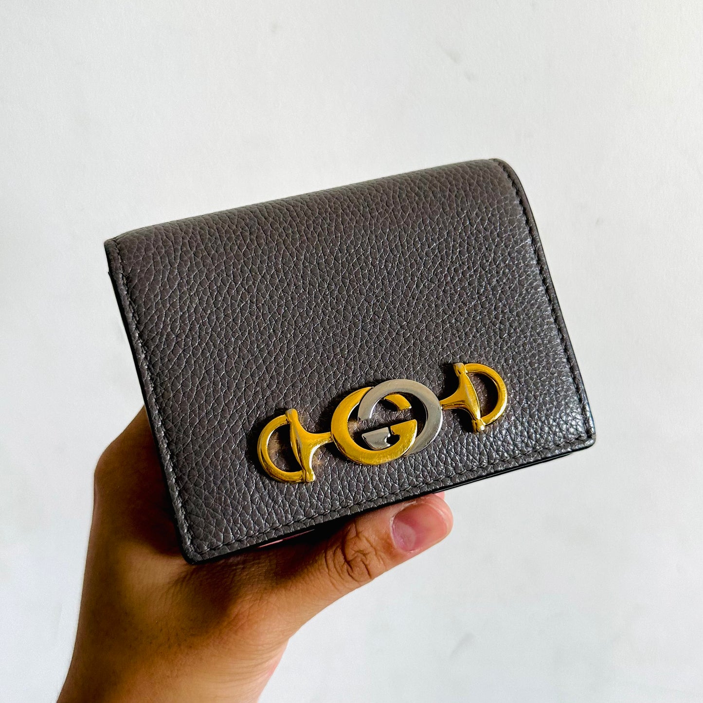 Gucci Zumi GG Monogram Logo Dark Grey GHW Pebbled Leather Flap Mini WOC Wallet On Chain Bag