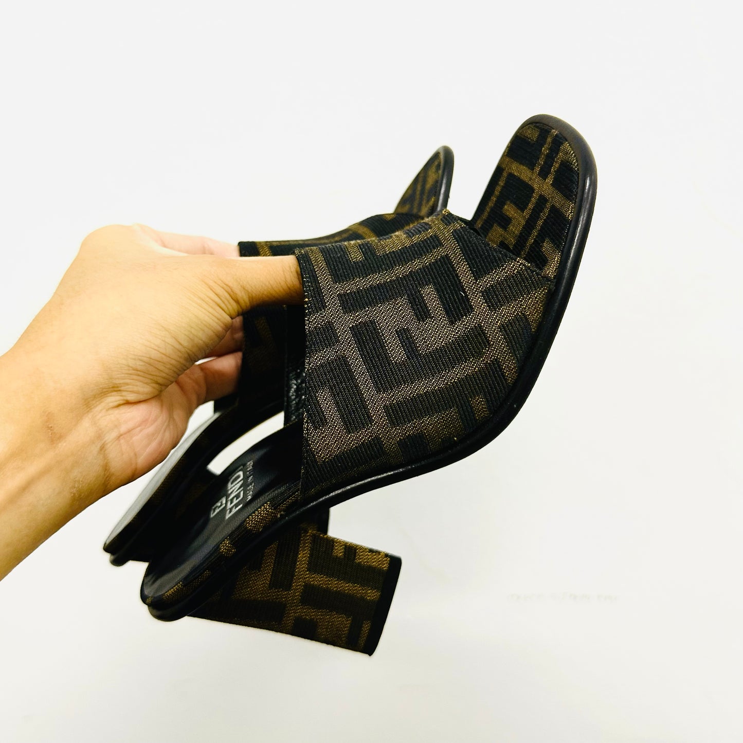 Fendi Brown Giant FF Zucca Monogram Logo Clogs Mules Platform Sandals Heels Pumps Shoes