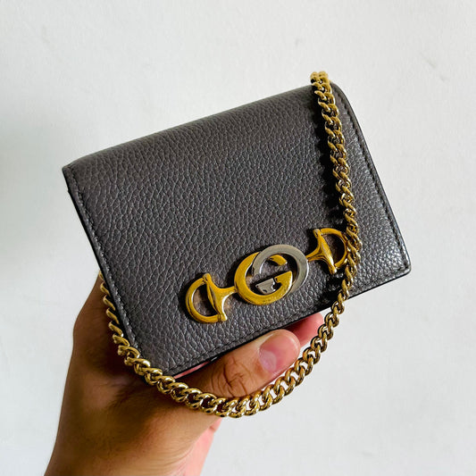 Gucci Zumi GG Monogram Logo Dark Grey GHW Pebbled Leather Flap Mini WOC Wallet On Chain Bag