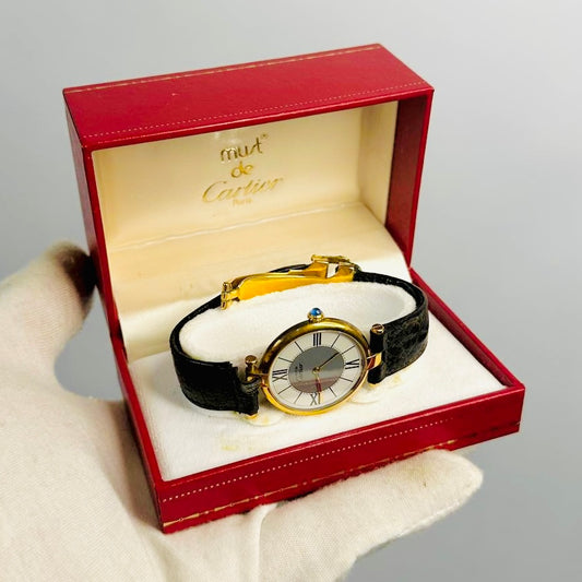Cartier Must De Vendome Vermeil Gold Round Dial Black Embossed Leather Strap 30MM Quartz Watch