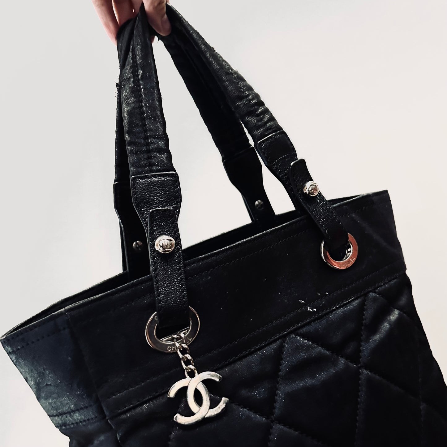 Chanel Black Paris Biarritz PM CC Monogram Logo Quilted Jersey & Leather Shopper Shoulder Tote Bag 11s