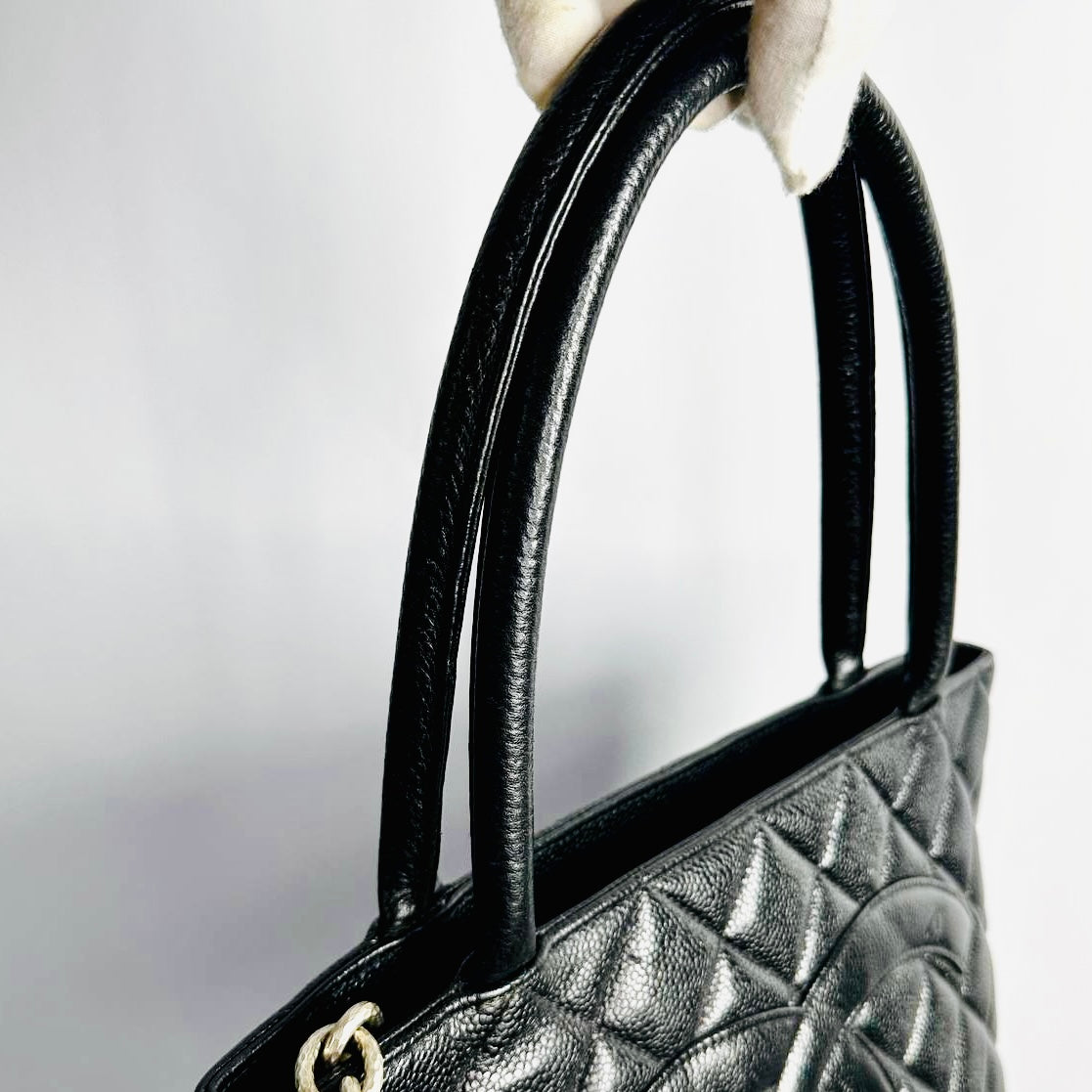 Chanel Black Medallion Giant CC Monogram Logo Quilted Caviar Shoulder Shopper Tote Bag 6s