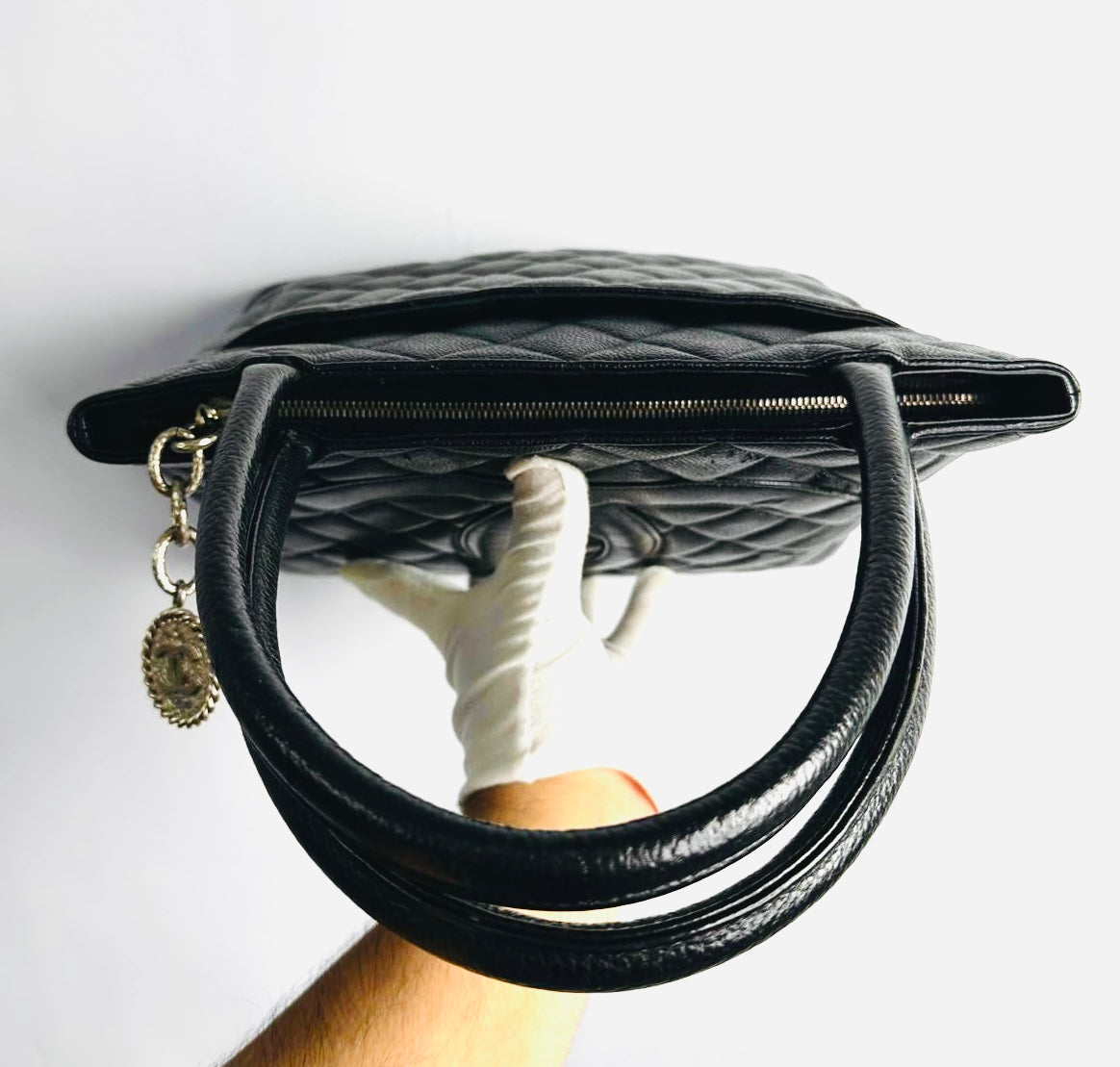 Chanel Black Medallion Giant CC Monogram Logo Quilted Caviar Shoulder Shopper Tote Bag 6s