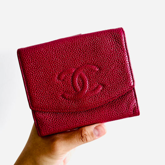 Chanel Fuchsia Pink CC Logo Caviar Leather Bifold Flap Compact Wallet 5s