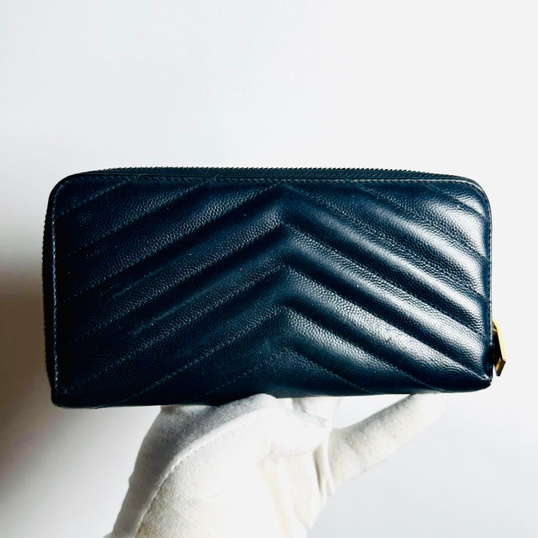 YSL Yves Saint Laurent Navy Blue GHW Cassandre Grain De Poudre Leather Zippy Zip Around Long Wallet