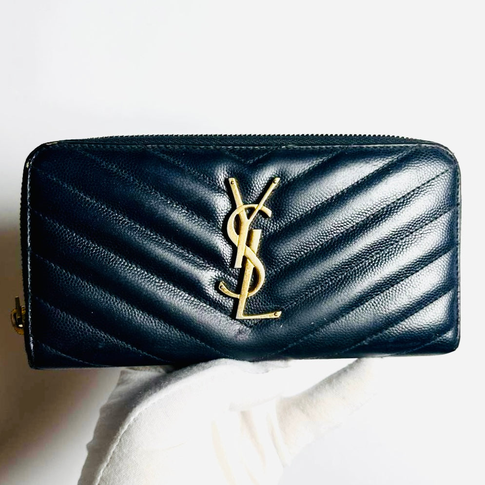 YSL Yves Saint Laurent Navy Blue GHW Cassandre Grain De Poudre Leather Zippy Zip Around Long Wallet