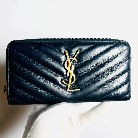 YSL Yves Saint Laurent Navy Blue GHW Cassandre Grain De Poudre Leather Zippy Zip Around Long Wallet