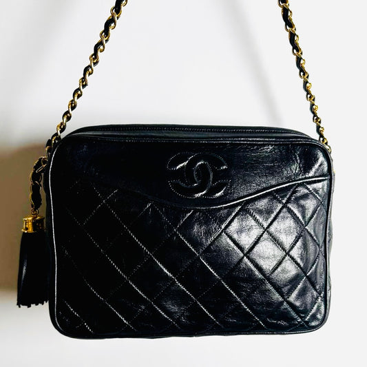 Chanel Black GHW Quilted Lambskin CC Monogram Logo Tassel Fringe Vintage Zip Camera Chain Shoulder Sling Bag 0s