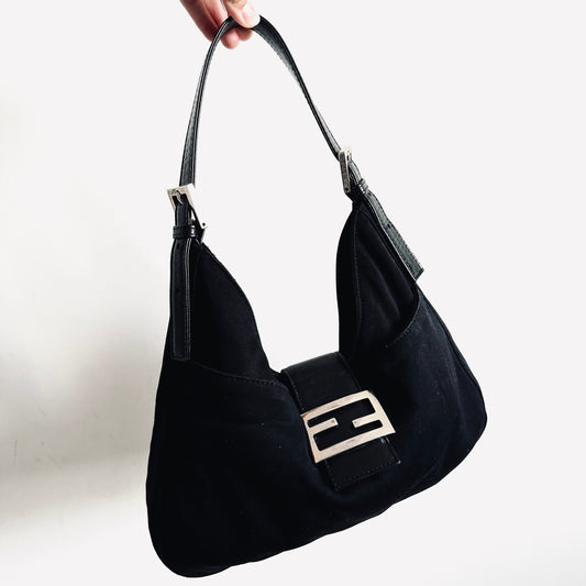 Fendi Black FF Logo Baguette Hobo Mamma Pochette Shoulder Flap Bag