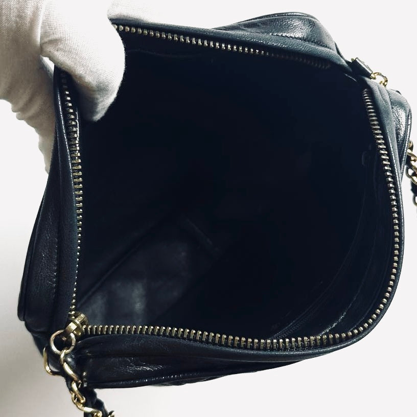 Chanel Black GHW Quilted Lambskin CC Monogram Logo Tassel Fringe Vintage Zip Camera Chain Shoulder Sling Bag 0s