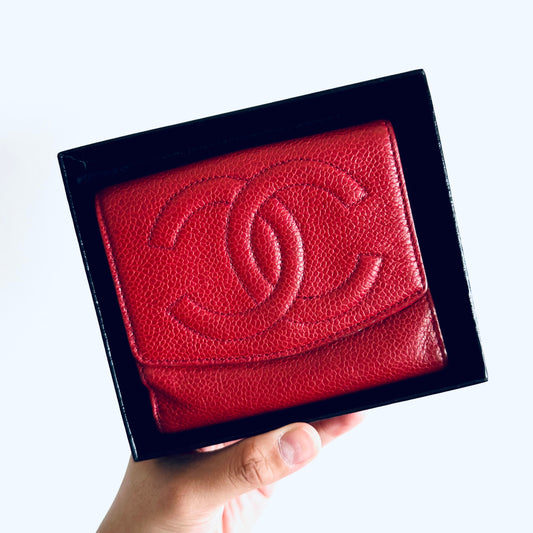 Chanel Red GHW Giant CC Logo Caviar Leather Vintage Flap Bifold Compact Wallet