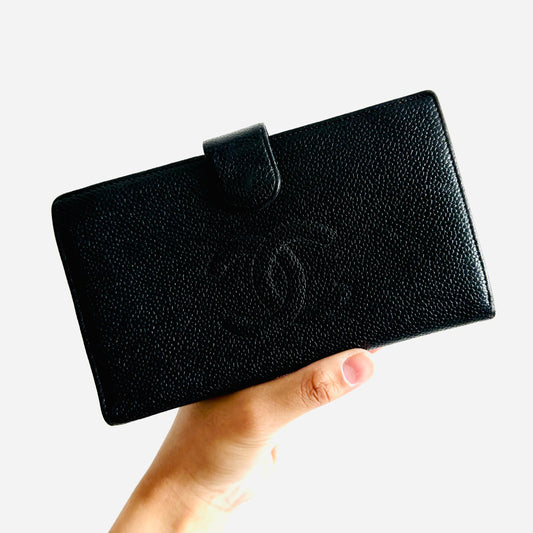 Chanel Black GHW Caviar Giant CC Logo Vintage Flap Bifold Long Wallet 6s