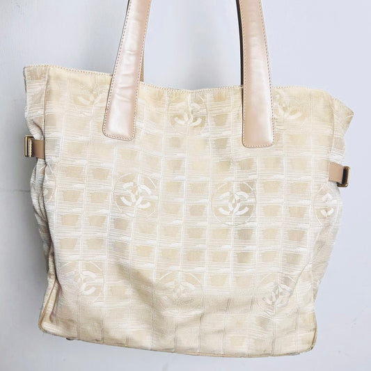 Chanel Beige GHW Travel Line Quilted Jacquard CC Monogram Logo Shopper Shoulder Tote Bag 10s
