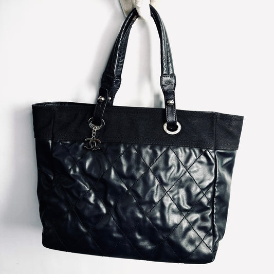 Chanel Black Paris Biarritz CC Monogram Logo Quilted Leather & Jersey Fabric Shopper Shoulder Tote Bag 13s