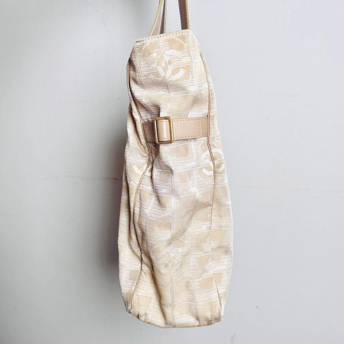 Chanel Beige GHW Travel Line Quilted Jacquard CC Monogram Logo Shopper Shoulder Tote Bag 10s