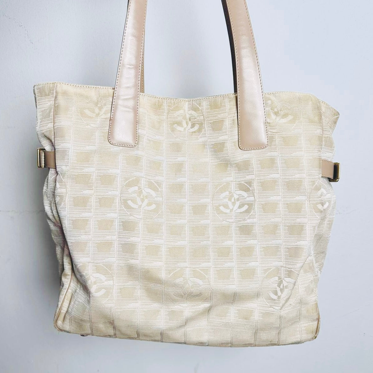 Chanel Beige GHW Travel Line Quilted Jacquard CC Monogram Logo Shopper Shoulder Tote Bag 10s