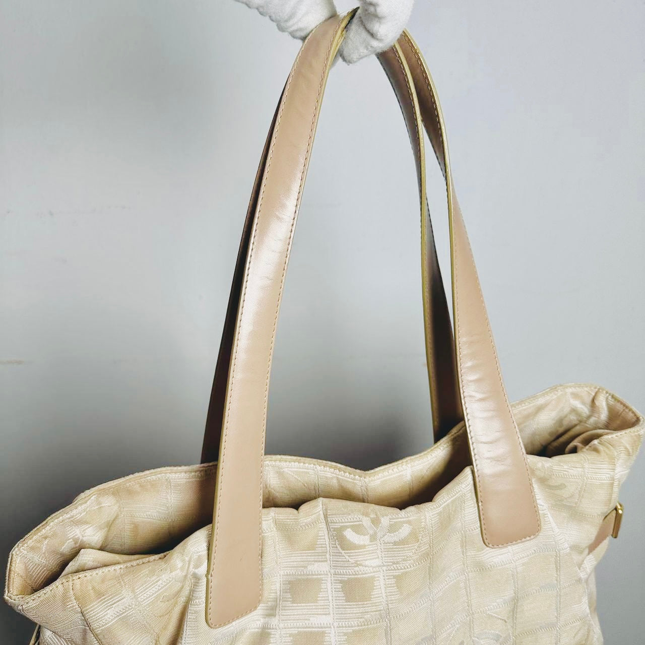 Chanel Beige GHW Travel Line Quilted Jacquard CC Monogram Logo Shopper Shoulder Tote Bag 10s