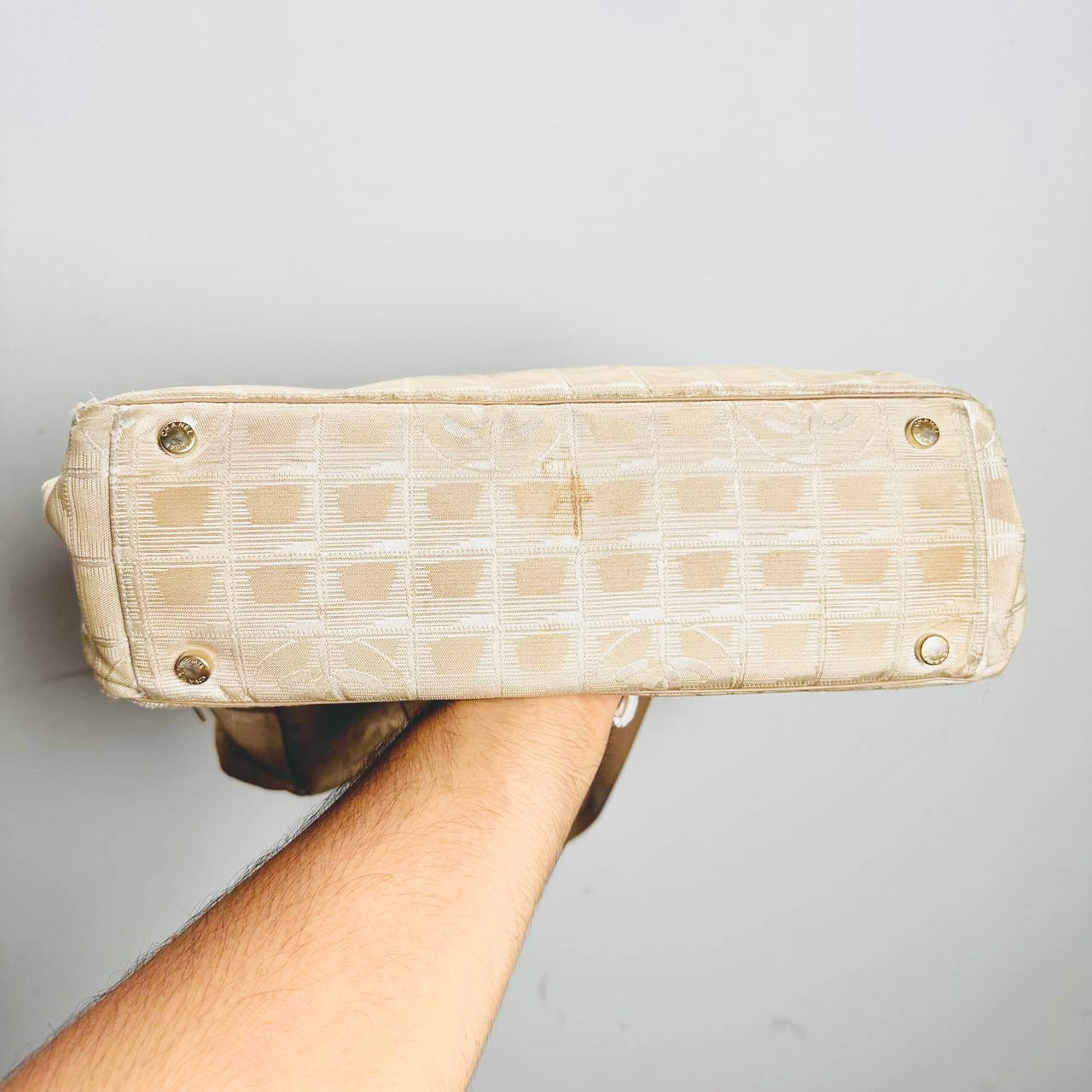 Chanel Beige GHW Travel Line Quilted Jacquard CC Monogram Logo Shopper Shoulder Tote Bag 10s