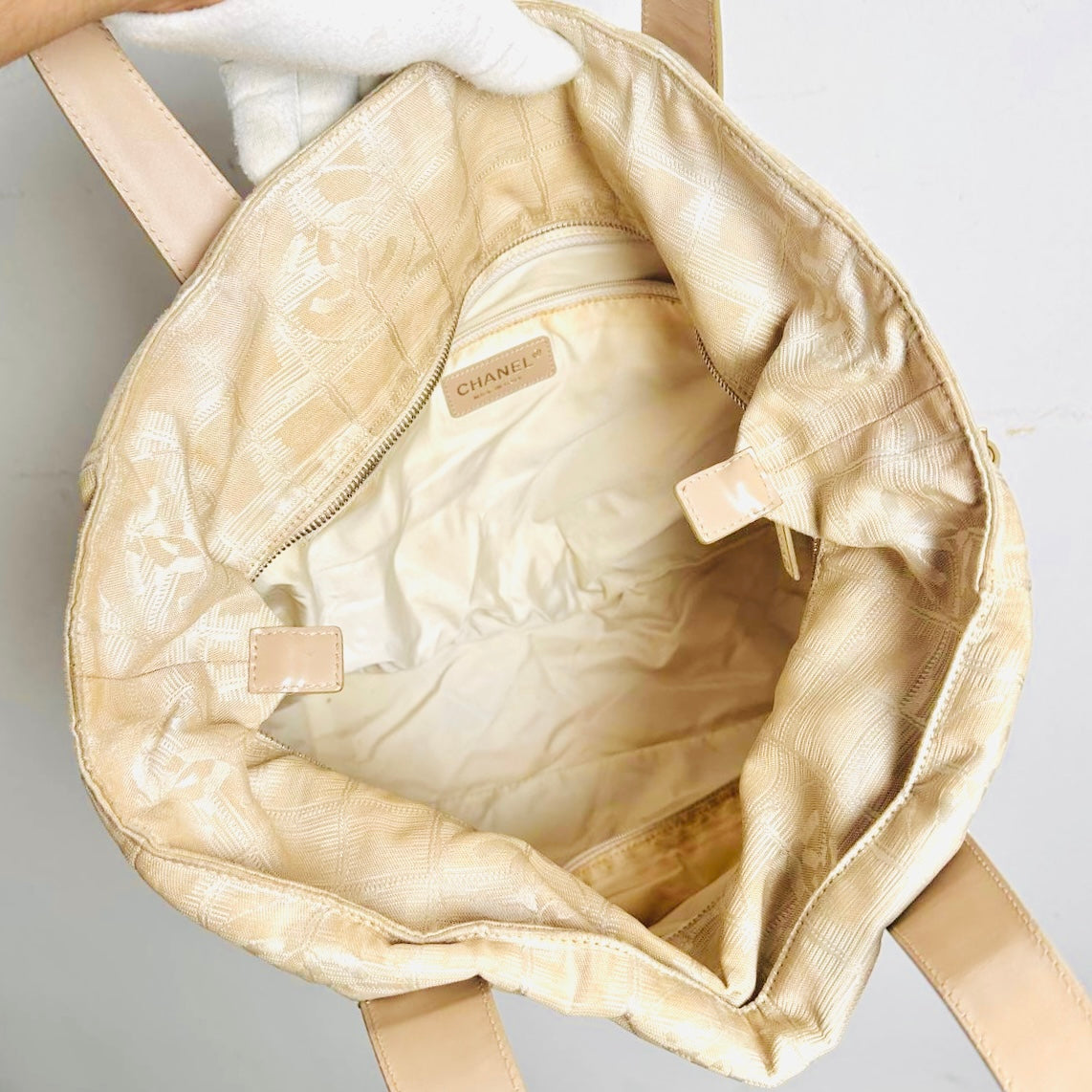 Chanel Beige GHW Travel Line Quilted Jacquard CC Monogram Logo Shopper Shoulder Tote Bag 10s