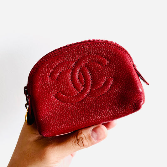 Chanel Red GHW Caviar Giant CC Monogram Logo Zip Coin Purse Pouch Clutch Case