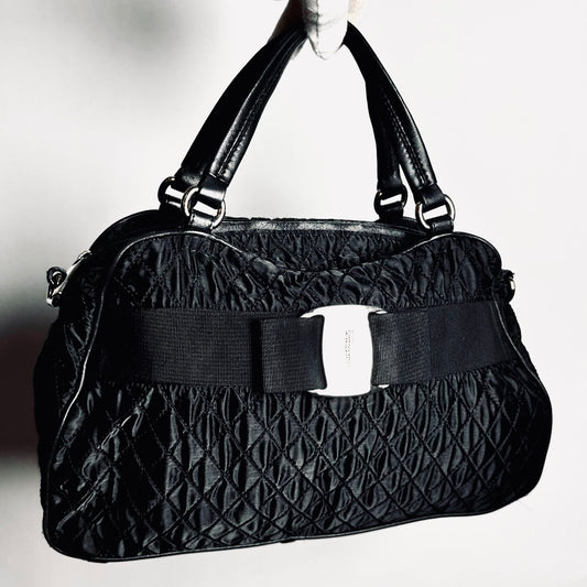 Salvatore Ferragamo Black Vara Bow Monogram Logo Puffy Quilted Shopper Shoulder Tote Bag