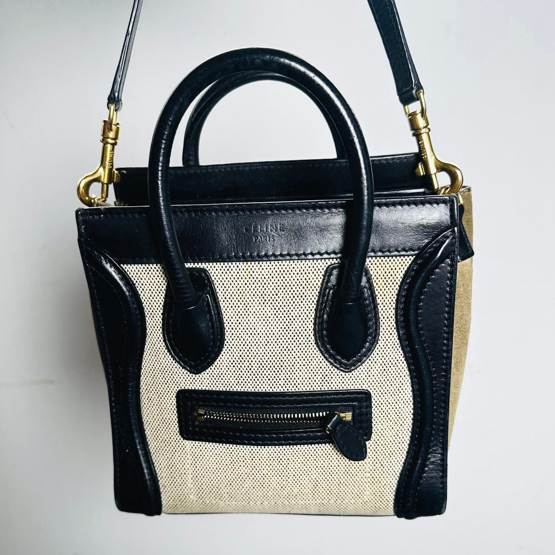 Celine Nano Luggage Beige / Black / Taupe GHW Monogram Logo Leather / Toile / Suede Tricolour Top Handle Shoulder Sling Bag